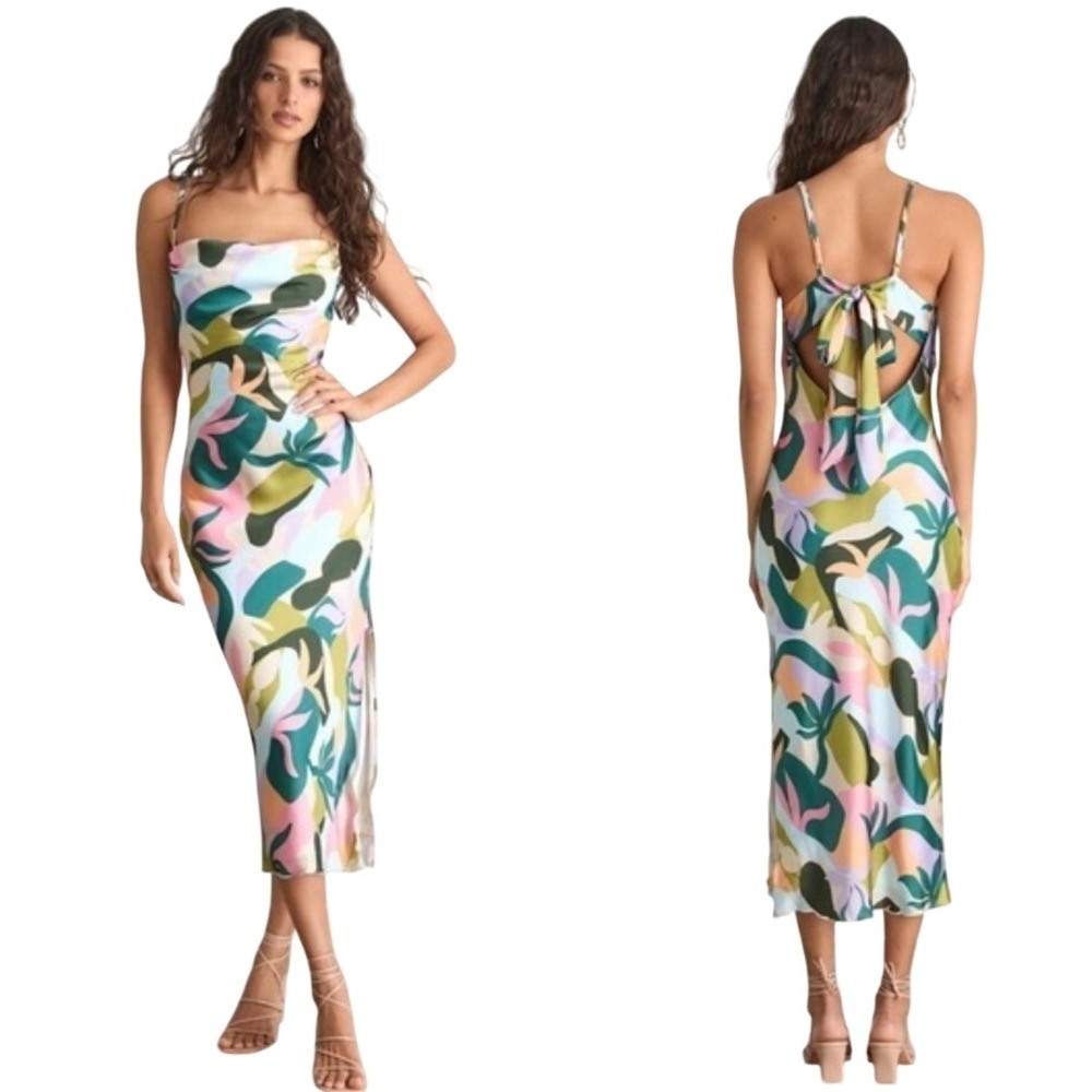 Lulus Midiana Abstract Floral Tie-Back Midi Slip Dress Multicolor Satin New XS